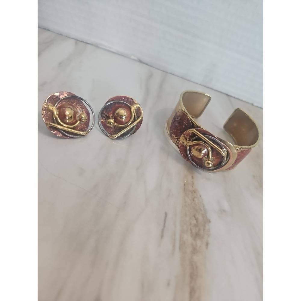 Brutalist‎ Mixed Metal Copper Brass Cuff Bracelet 80s Original W Earrings Set
